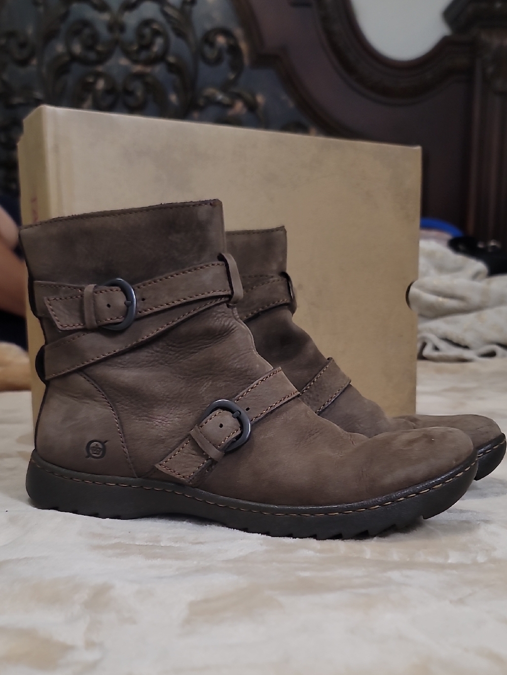 Baltic Born Gray-Brown Buckle Ankle Boots